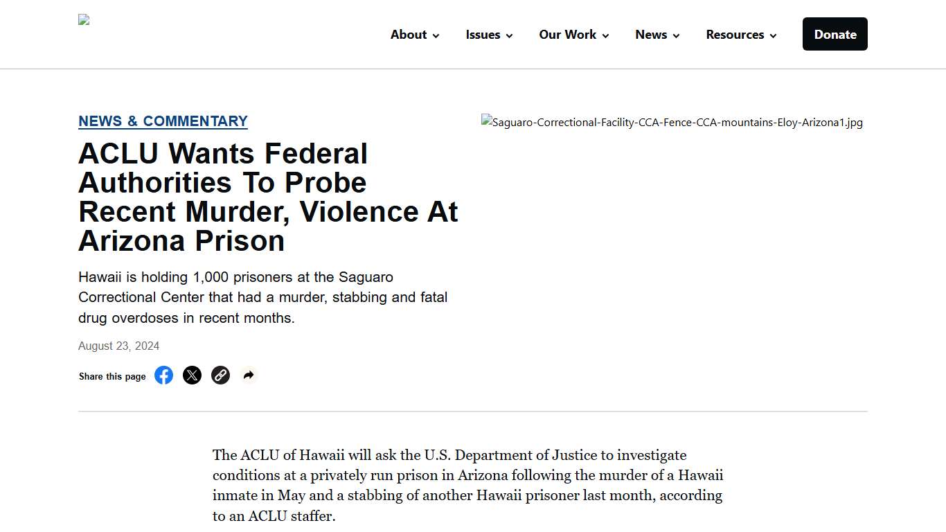 ACLU Wants Federal Authorities To Probe Recent Murder, Violence At Arizona Prison - ACLU of Hawaii